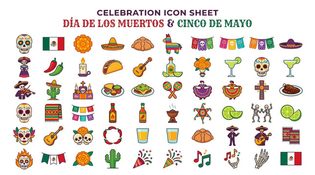 A vibrant celebration icon sheet featuring D&iacute;a de los Muertos and Cinco de Mayo icons on a white background with colorful illustrations of food, music, and culture icons.