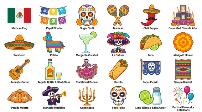 Celebration icon sheet features flat vector illustrations of festive Mexican cultural symbols and food items on a white background
