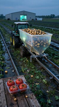 Tractor transporting harvested potatoes on rails in vegetable field