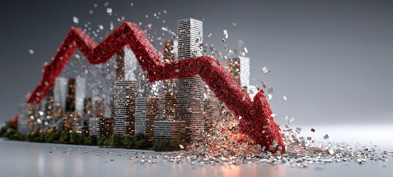Economic Downturn: A stark representation of financial decline, with a descending red arrow causing a collapse of skyscraper-like structures, symbolizing market crash and economic instability.