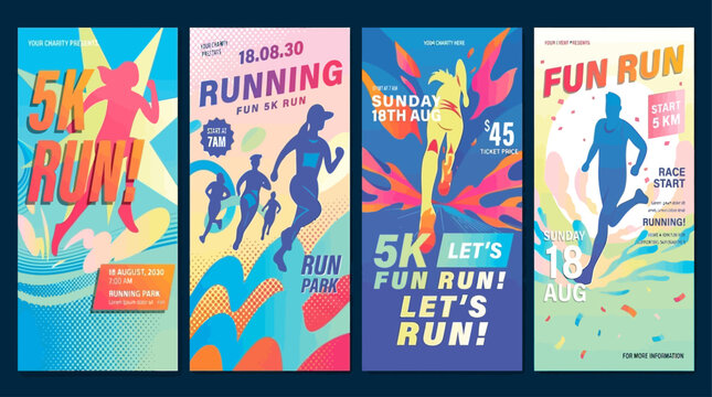 Vibrant graphic poster designs for fun run and 5K events, featuring dynamic silhouettes of runners in colorful, energetic styles