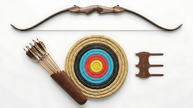 Traditional archery set with recurve bow, arrows, target, and quiver on white background