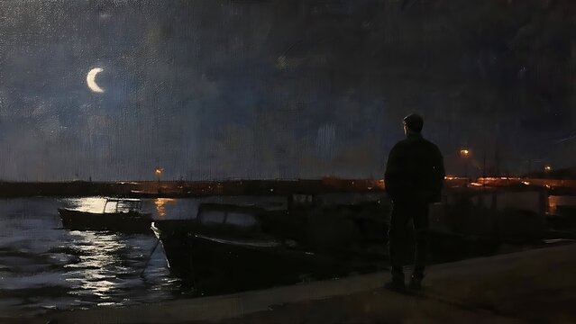 Oil painting illustration, a lone male standing on a concrete pier looking at dark small boats moored in a calm quiet harbor at night illuminated by distant warm lights and a glowing
