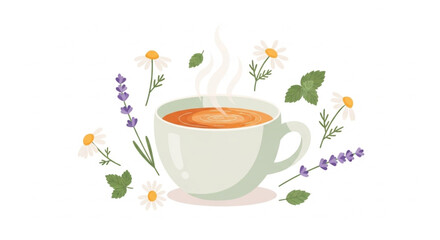 Herbal Tea Cup with Chamomile Lavender and Mint Flat Design Illustration © GONYONG