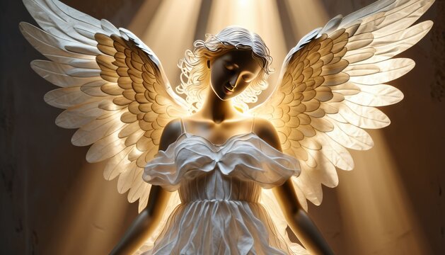 Glowing Angel Statue In Heavenly Light