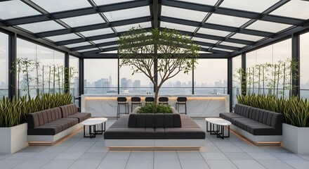 Fototapeta premium Modern rooftop lounge with glass roof, comfortable seating, bar, and city skyline views.