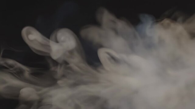 White smoke billows and swirls against a dark background, creating a dynamic visual flow of vapor in three sequential frames showcasing movement and transformation