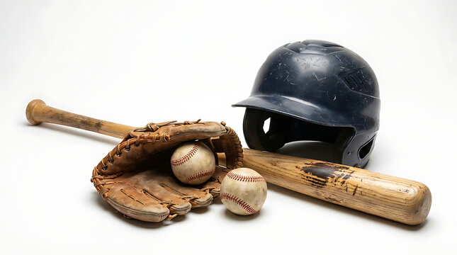 Vintage baseball gear collection with bat, glove, helmet, and balls on white background