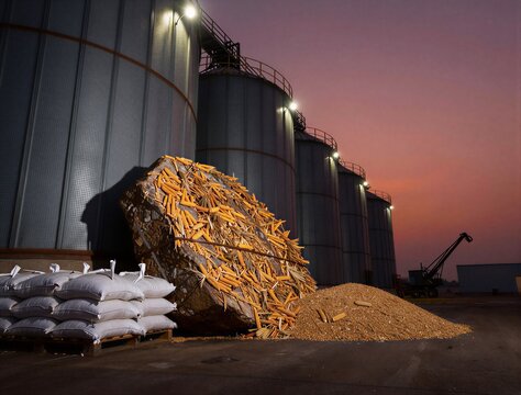 Corn cobs piled and spilled near grain silos at dusk