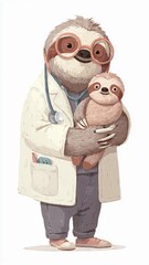 Obraz premium Cute cartoon sloth doctor holding baby sloth patient, pediatric veterinarian illustration isolated on white