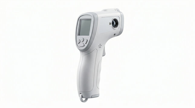 A white digital infrared thermometer gun with screen and buttons isolated on white background