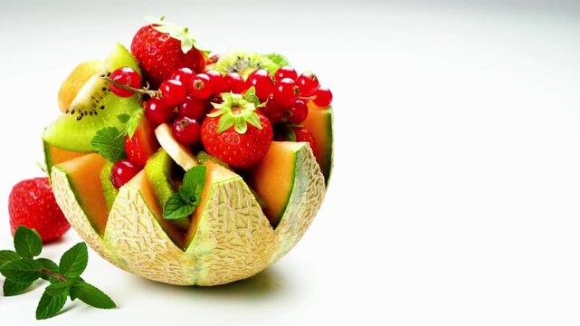 Fresh summer fruit salad served in a carved cantaloupe melon bowl on white background