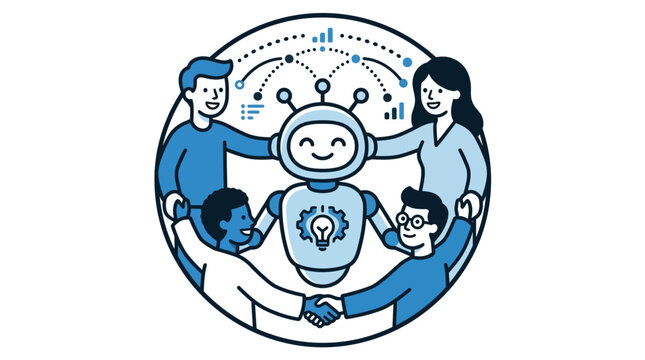 Diverse People Around Robot Teamwork Concept.