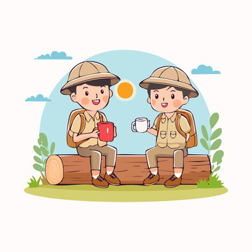 Two cartoon explorers taking a break with drinks