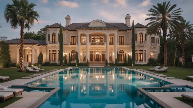 Luxury mansion with pool at sunset, exclusive estate with palm trees 4K Ai HD high quality video.