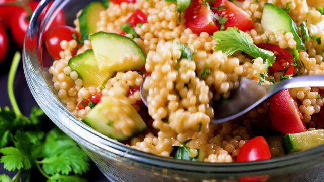 Fresh salad with tomatoes and cucumbers in a glass bowl