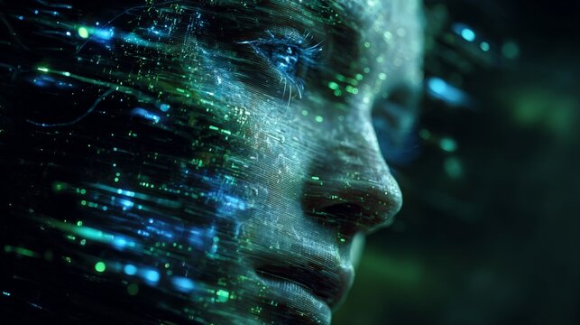 Artificial intelligence concept with digital human face profile made of glowing green binary code