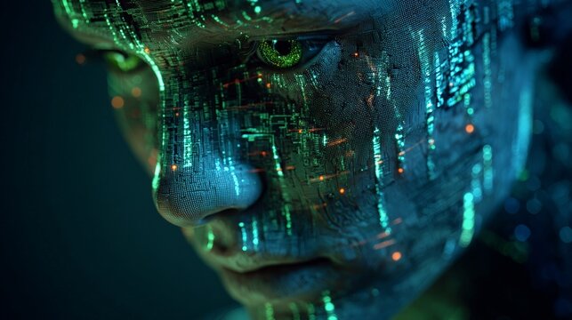 Artificial intelligence concept with digital human face profile made of glowing green binary code