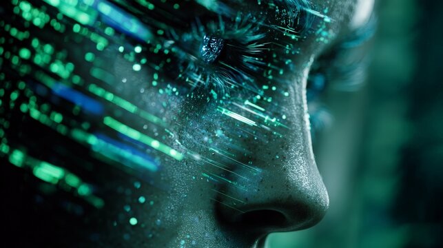 Artificial intelligence concept with digital human face profile made of glowing green binary code