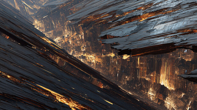 Dark splintered canyon structure glowing with warm city light