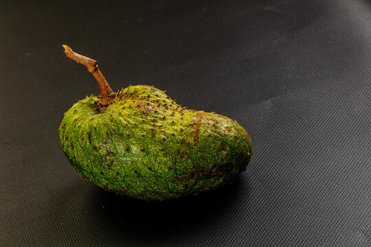 One whole raw soursop fruit, or graviola, isolated on a textured background.