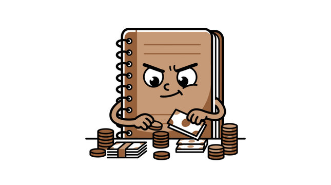 Angry notebook with money and coins.