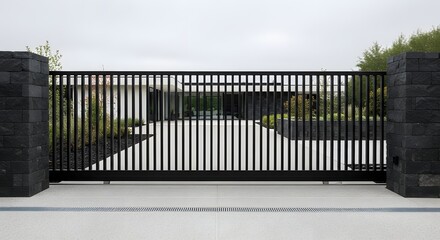 Obraz premium Modern black vertical slat sliding gate between dark stone pillars at the entrance of a contemporary house.