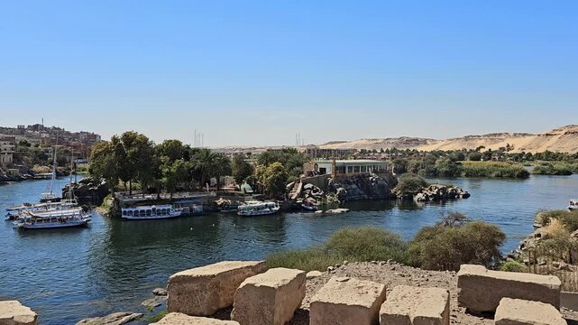 Panoramic view from Elephantine Island over Nile River at Aswan, Egypt.