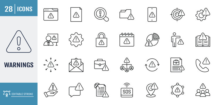 Warning icon set. outline icon set. vector illustration with editable stroke