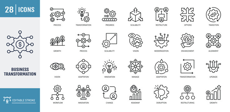 business transformation icon set. including transformation, innovation, strategy, change, growth, agility, digital, optimization. outline icon set. vector illustration with editable stroke