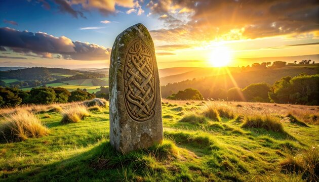 Ancient Celtic Ogham Script Carved on a Standing Stone Against a Golden Sunset Landscape