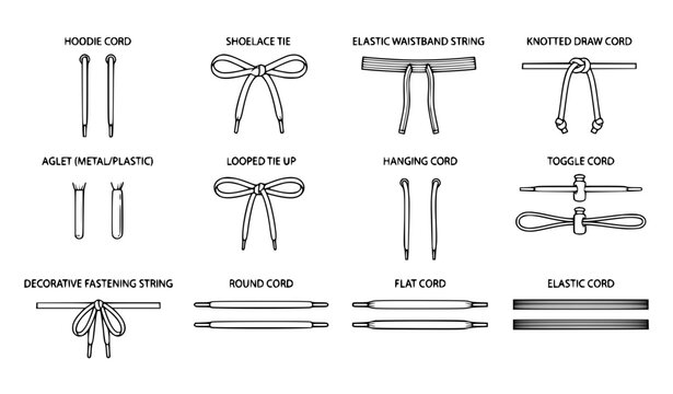 Drawstring Cord and Tie Up Technical CAD Vector Set for Fashion Apparel Flat Sketch Template