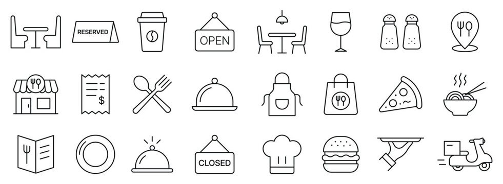 Restaurant outline icon set with food, dining, and delivery elements for caffe, bar, and kitchen and more line icons. Vector illustration.