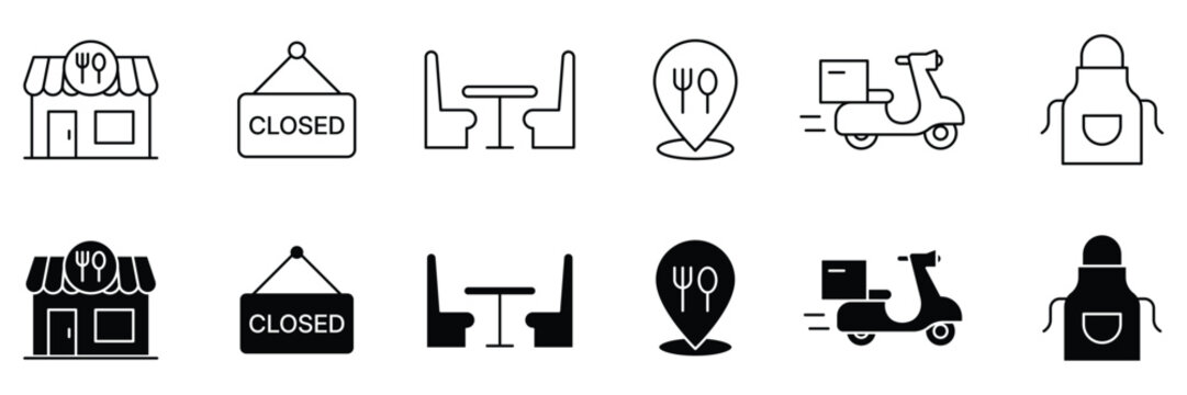 Restaurant and food delivery line and solid style icons set including storefront closed sign booth seating location pin scooter and apron vector illustration.