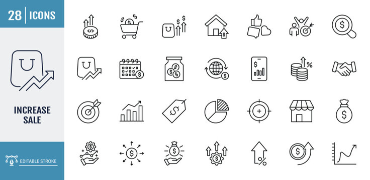 Increase sale icon set. including sales, strategy, marketing, profit, vision, seo. outline icon set. vector illustration with editable stroke