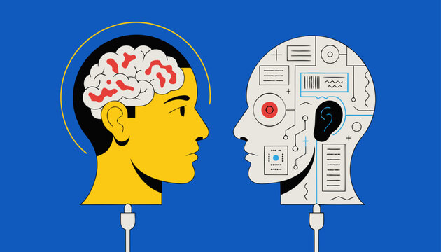 Very beautiful dual profile illustration featuring a glowing human brain facing an advanced AI processor, representing knowledge exchange and future intelligence in premium vector illustration style.
