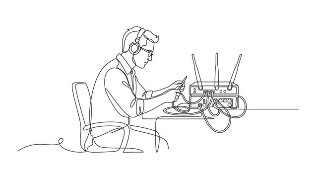 Continuous line drawing of a network technician repairing a router.