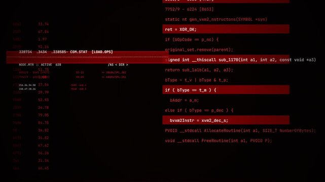 Digital Hacking Interface with Red Error Signal, Cyber Security Breach Loop, Virus Malware Software Code, Technical Data Glitch Noise 4k video