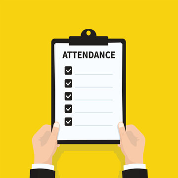 Attendance Checklist Clipboard Vector Illustration with Hands Holding Office Survey and Task Management Form