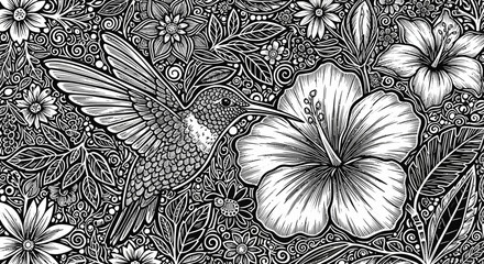 Hummingbird and tropical flowers, intricate black and white illustration, detailed line art © Tiga
