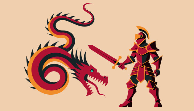 Flat vector illustration of a noble man knight in ornate armor fighting with big red dragon in fantasy style. Epic battle concept for game design and story. Asset art