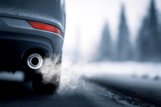 Close up view of a silver car exhaust pipe releasing white smoke into the cold winter air during a chilly morning drive on the swow road