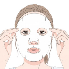 Woman applying facial sheet mask on face with both hands