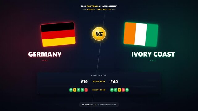 Football match versus screen animation with team flag world rank and recent form
