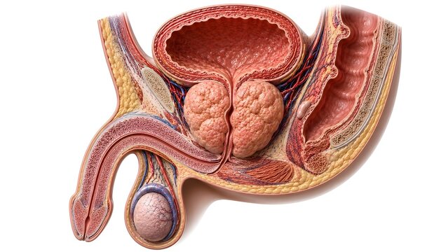 Benign prostatic hyperplasia (BPH) in sagittal cross section of the male pelvis. Enlarged nodular prostate gland compressing the prostatic urethra beneath the urinary bladder.