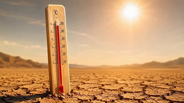 Outdoor thermometer in cracked dry land during extreme drought heatwave