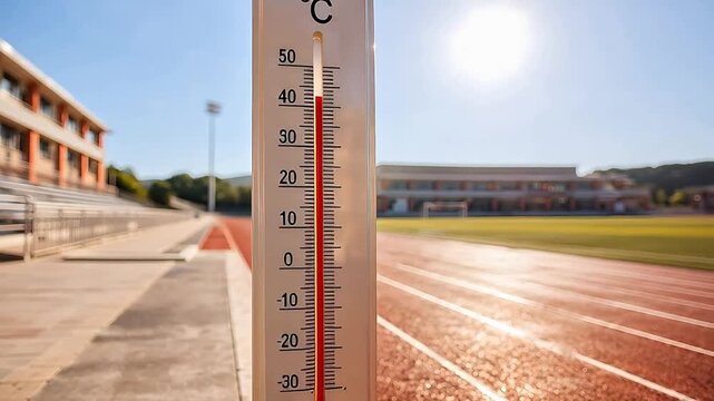 Roadside thermometer showing dangerous heat beside dry summer road