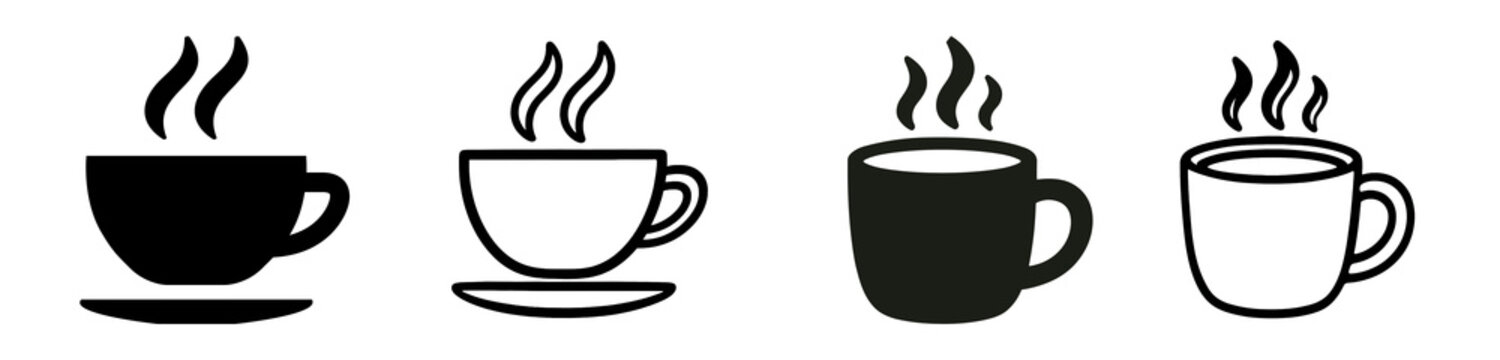 Coffee Cup Icon Set. Hot Drink Mug Design. Beverage Steam Symbol. Black Vector Illustration Style
