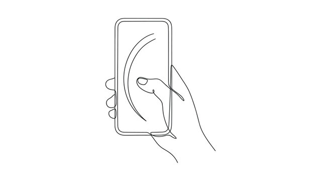 Continuous line drawing of a hand holding and interacting with a smartphone.