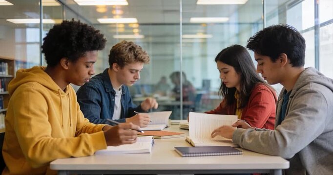 Students studying together at a table in a modern learning environment